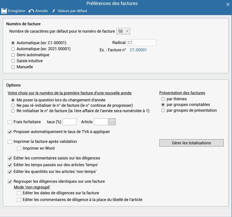 Capture AIDAVOCAT Gestion : préférences des factures