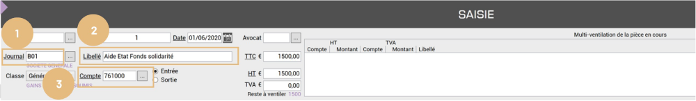 Aides Covid-19 : capture du logiciel de comptabilité - plan comptable 57